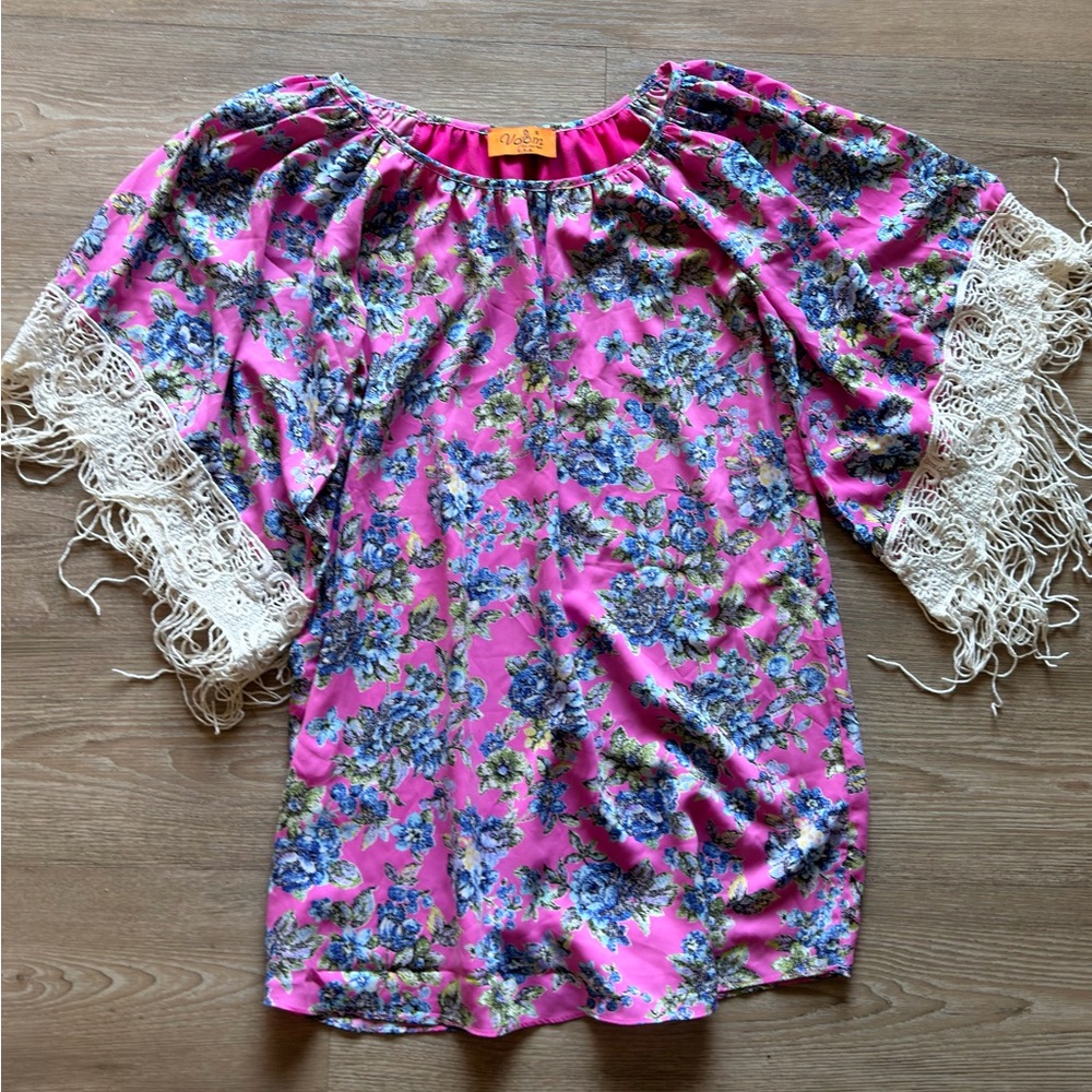 Voom by Joy Han Pink Floral Mini Dress with Lace Fringe